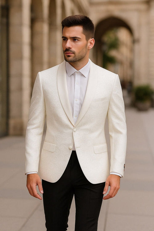 Men’s White Tuxedo Dinner Jacket Swirl Pattern Tuxedo Jacket with White Satin Shawl Lapel - Paisley Pattern