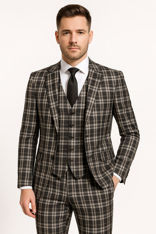 Men's Black and White Plaid Three-Piece Suit – Modern Slim Fit Tuxedo for Church and Business