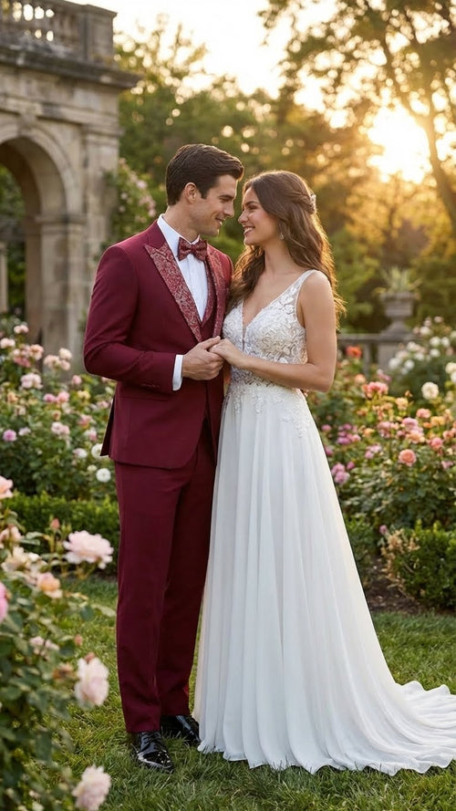Men's burgundy tuxedo suit with white, embellished lapels and matching trousers. Tailored fit offers a coordinated, elegant appearance. Perfect for formal events.