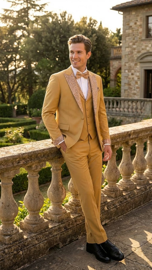 Men's gold tuxedo suit: fitted jacket with ornate lapel detailing, matching vest, tailored trousers. Lustrous gold fabric, structured silhouette. White shirt & bow tie accents. Contemporary fit, embellished sleeves.