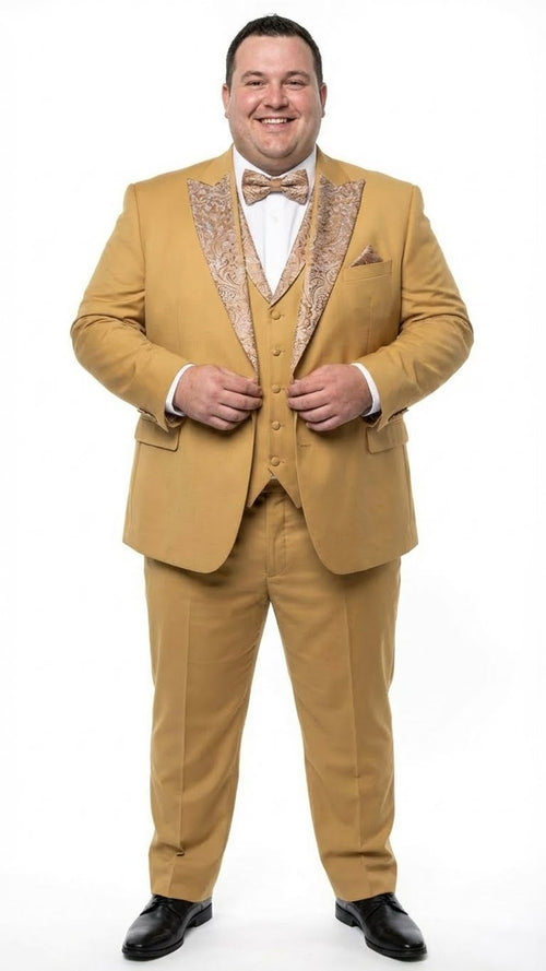 Alberto Nardoni's gold tuxedo suit: structured blazer with patterned lapel, matching trousers and vest. Coordinated bow tie. Tailored fit for a polished, elegant formal look.
