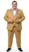 Alberto Nardoni's gold tuxedo suit: structured blazer with patterned lapel, matching trousers and vest. Coordinated bow tie. Tailored fit for a polished, elegant formal look.