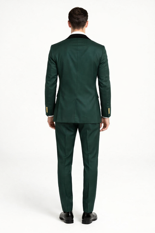 Men’s Green and Gold Double-Breasted Wedding Tuxedo with Velvet Lapel