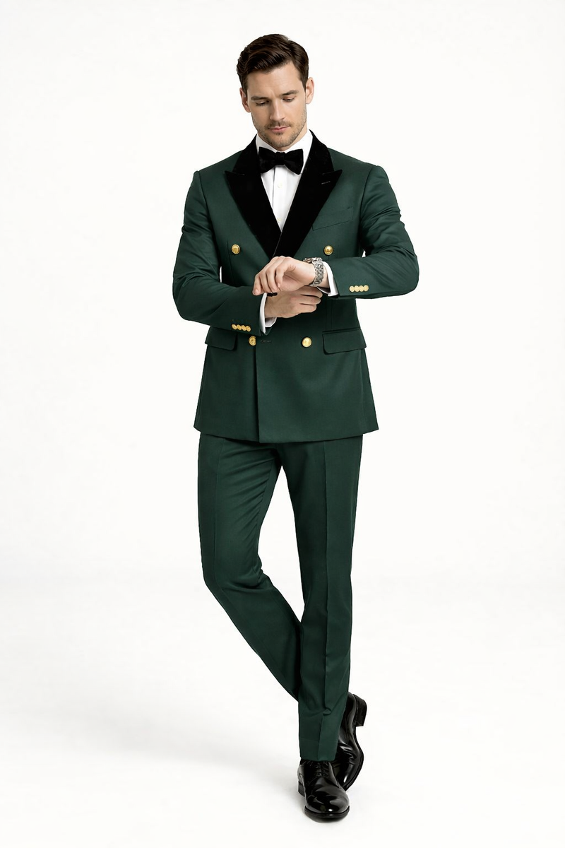 Mens Green and Gold Double-Breasted Wedding Tuxedo with Velvet Lapel
