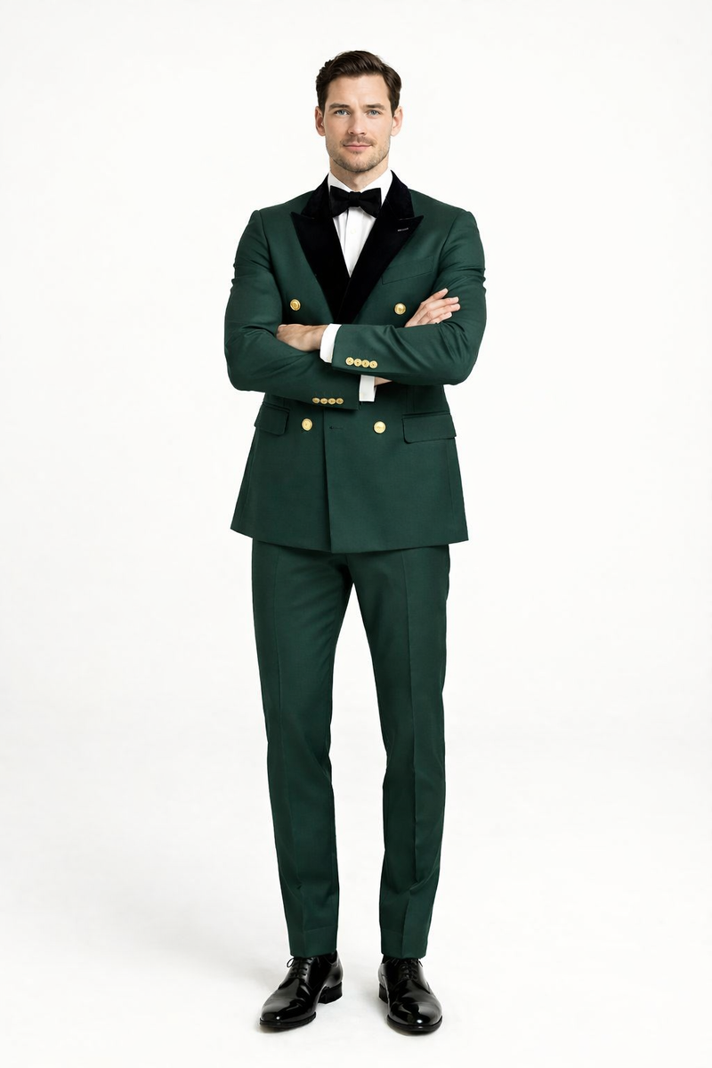 Mens Green and Gold Double-Breasted Wedding Tuxedo with Velvet Lapel