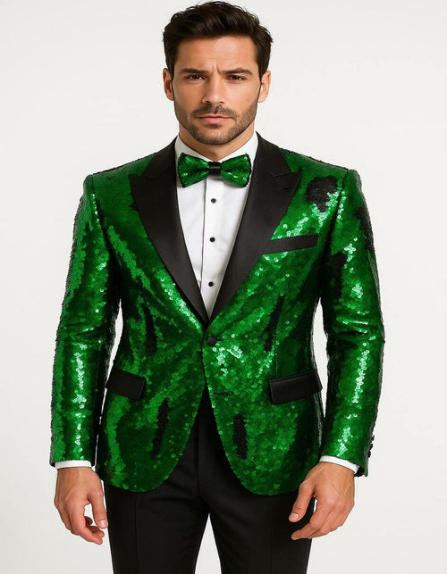 Men's Green Sequin Tuxedo Jacket with Black Satin Lapel and Bow Tie – Sparkling Party and Stage Blazer By Alberto Nardoni