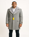 Men’s Grey Wool Overcoat with Plush Faux Fur Shawl Collar – Winter Luxury Coat