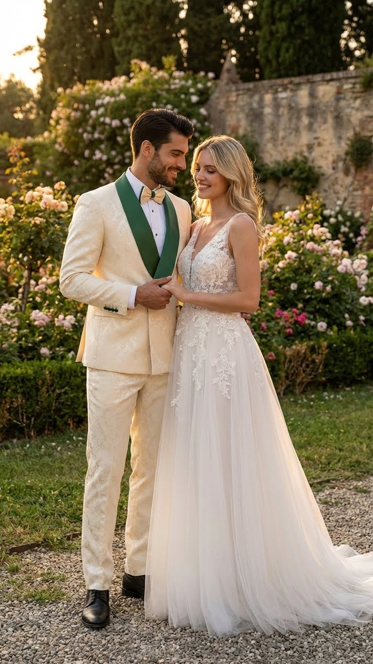 Men's ivory tuxedo suit with emerald green shawl lapel. Fitted silhouette, subtle jacquard pattern, and matching trousers. Elegant and refined.