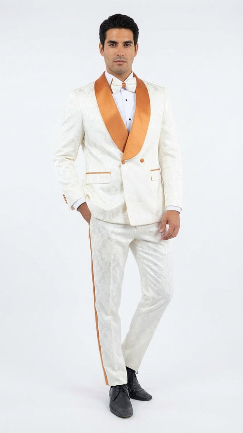 Ivory and gold jacquard tuxedo suit. Structured jacket with gold shawl collar, two buttons. Tailored ivory pants with gold side stripe. Textured jacquard fabric. Includes white shirt, bow tie.
