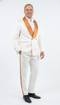 Ivory jacquard tuxedo suit with gold satin shawl collar and matching side stripe trousers. Single-breasted design with ivory patterned fabric and two front pockets.