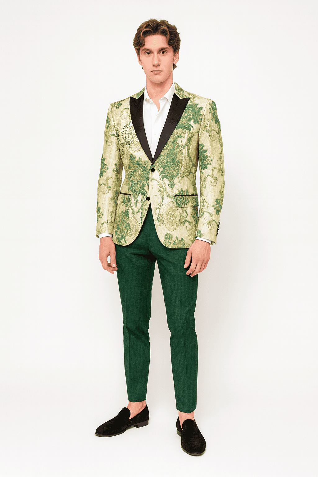 Men’s Ivory and Green Suit Floral Embroidered Tuxedo Jacket with Black Satin Lapel – Designer Blazer for Weddings With Hutner Green Pants