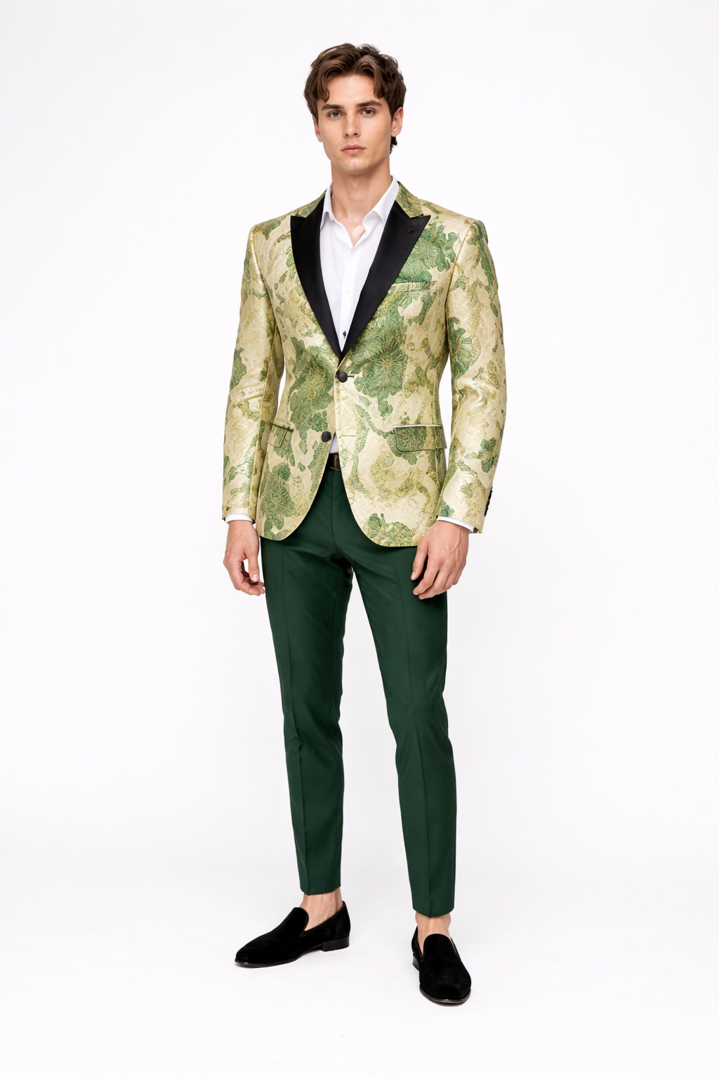 Men’s Ivory Green and Gold Floral Embroidered Wedding Tuxedo Jacket with Satin Lapel