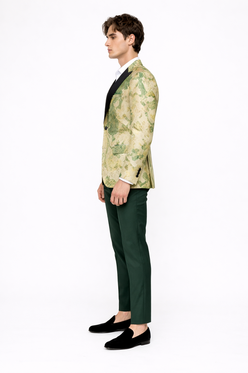Mens Ivory Green and Gold Floral Embroidered Wedding Tuxedo Jacket with Satin Lapel