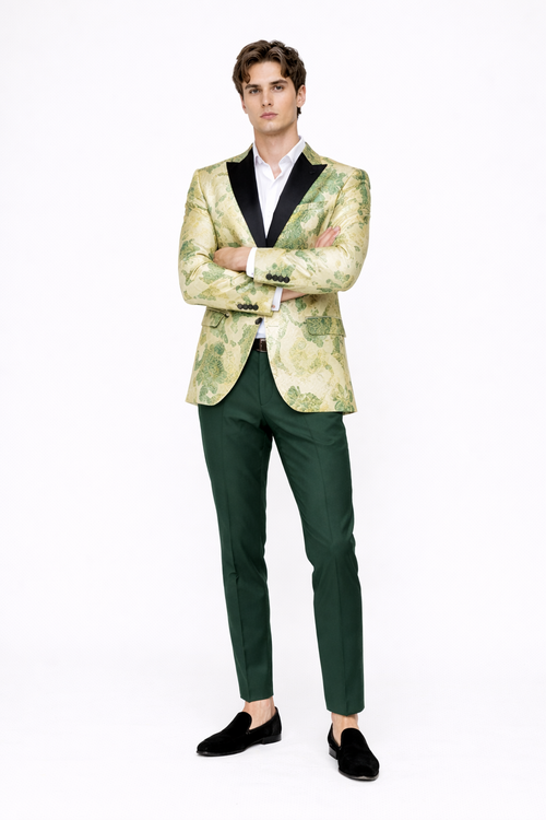 Men’s Ivory Green and Gold Floral Embroidered Wedding Tuxedo Jacket with Satin Lapel