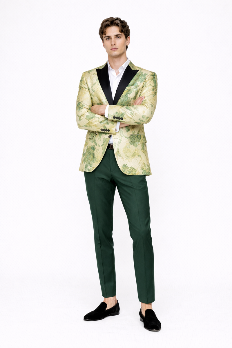 Mens Ivory Green and Gold Floral Embroidered Wedding Tuxedo Jacket with Satin Lapel