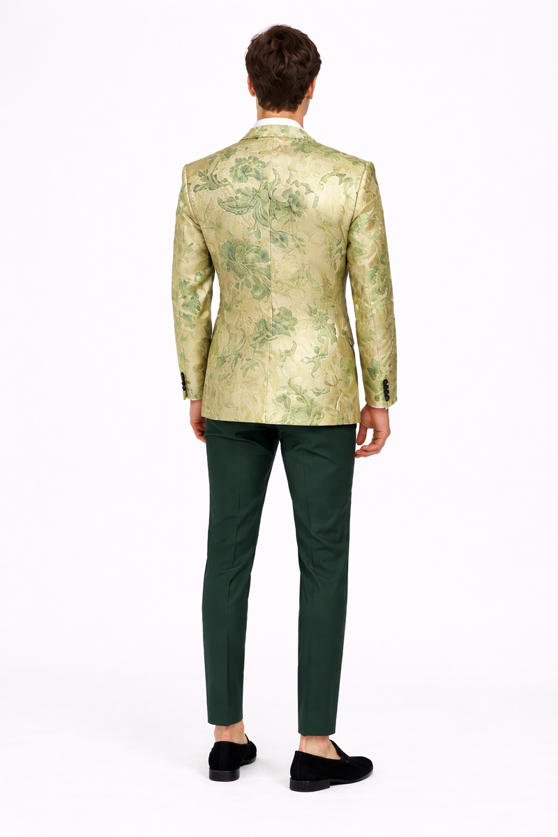 Mens Ivory Green and Gold Floral Embroidered Tuxedo Jacket with Satin Lapel