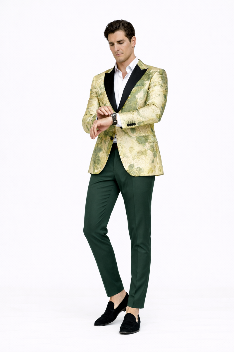 Mens Ivory Green and Gold Floral Embroidered Tuxedo Jacket with Satin Lapel