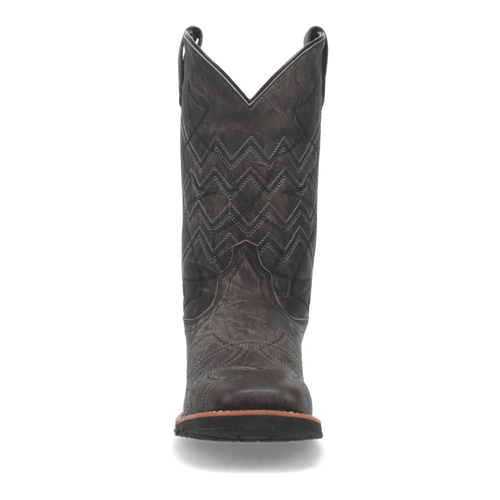 Laredo Black Axel Boot: Tall black boot with pointed top, zigzag stitching, and textured, aged leather. Rounded toe, tan rubber sole.