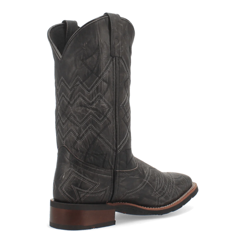 Laredo Black Axel Boot: Tall, black leather boot with a pointed toe and zigzag stitching. Features pull tabs for easy wear and a robust heel.