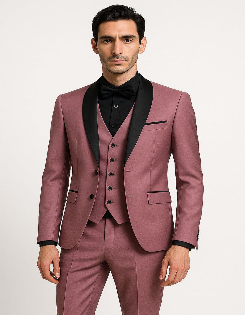Men's Mauve Pink Tuxedo Suit Ć¢ā¬ā 3-Piece Slim Fit with Black Satin Shawl Lapel