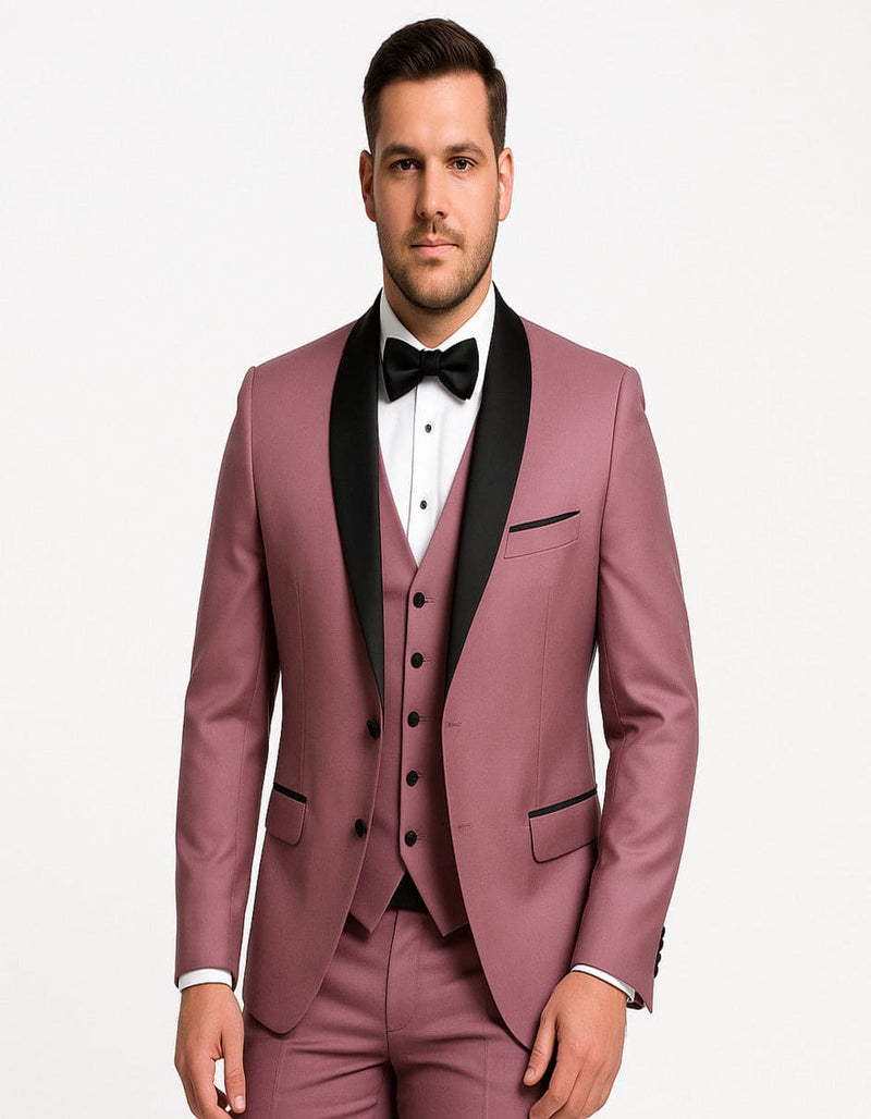 Men's Mauve Pink Tuxedo Suit Ć¢ā¬ā 3-Piece Slim Fit with Black Satin Shawl Lapel