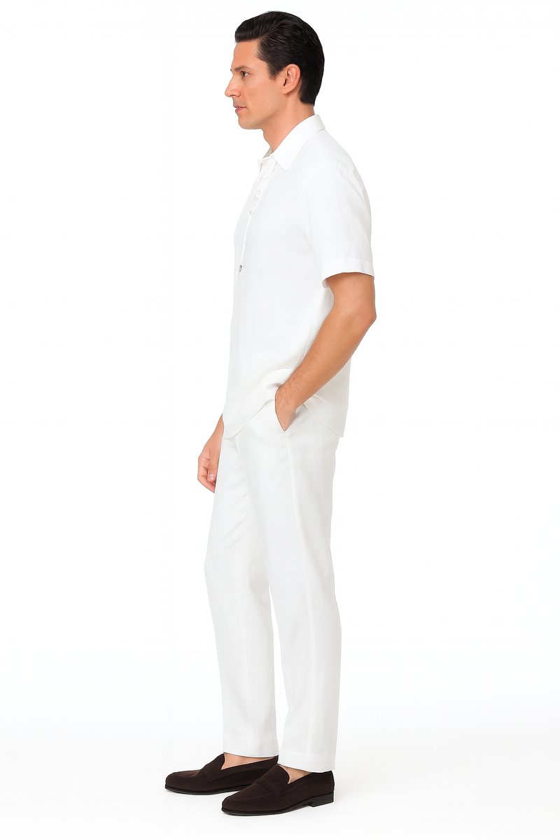 Men's white lace-up shirt and pants set. Short-sleeve button-up with classic collar, straight cut. Slim-fit pants. Solid white, lightweight fabric, ideal for summer.