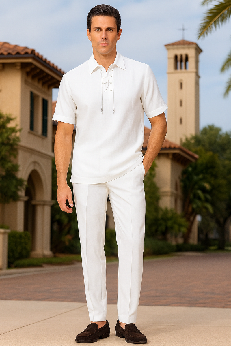 Men's white, lightweight summer set: short-sleeve shirt with lace-up front and collar, paired with straight-leg pants. Loose-fit shirt and tailored pants offer a casual, clean look.