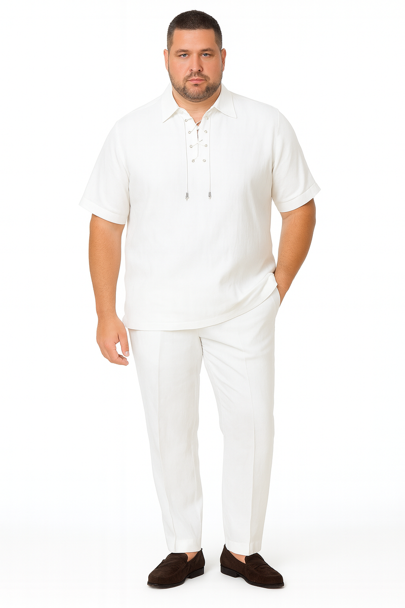 Men's white, short-sleeve lace-up shirt & pants set. Collar, lace-up front, and straight-leg trousers. Lightweight, solid white fabric. Relaxed fit, perfect for casual summer.
