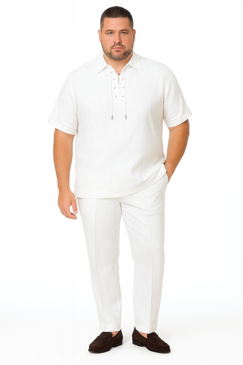 Men’s White Lace-Up Shirt and Pants Set – Casual Summer Two-Piece Outfit