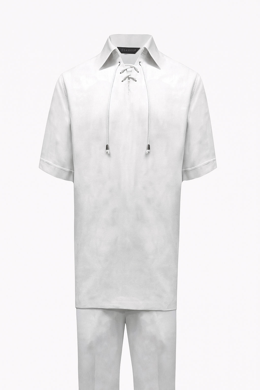 Men’s White Lace-Up Shirt and Pants Set – Casual Summer Two-Piece Outfit