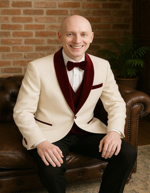 Men’s White Floral Tuxedo Jacket with Burgundy Velvet Shawl Lapel – Wedding, Prom, and Formal Event Suit