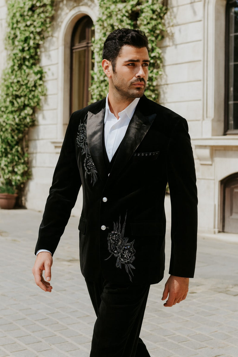 Men's 2 Button Black Velvet Suit Jacket, with floral pattern, Satin Peak Lapel, and Black Dress Pants