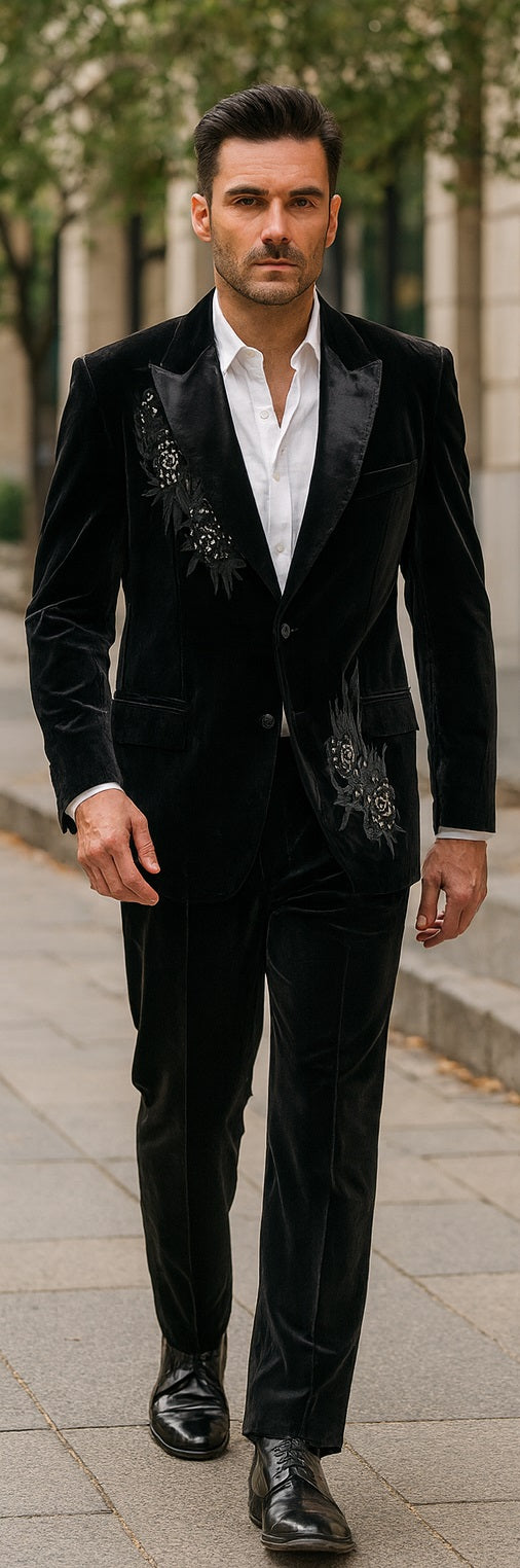 Men's 2 Button Black Velvet Suit Jacket, with floral pattern, Satin Peak Lapel, and Black Dress Pants