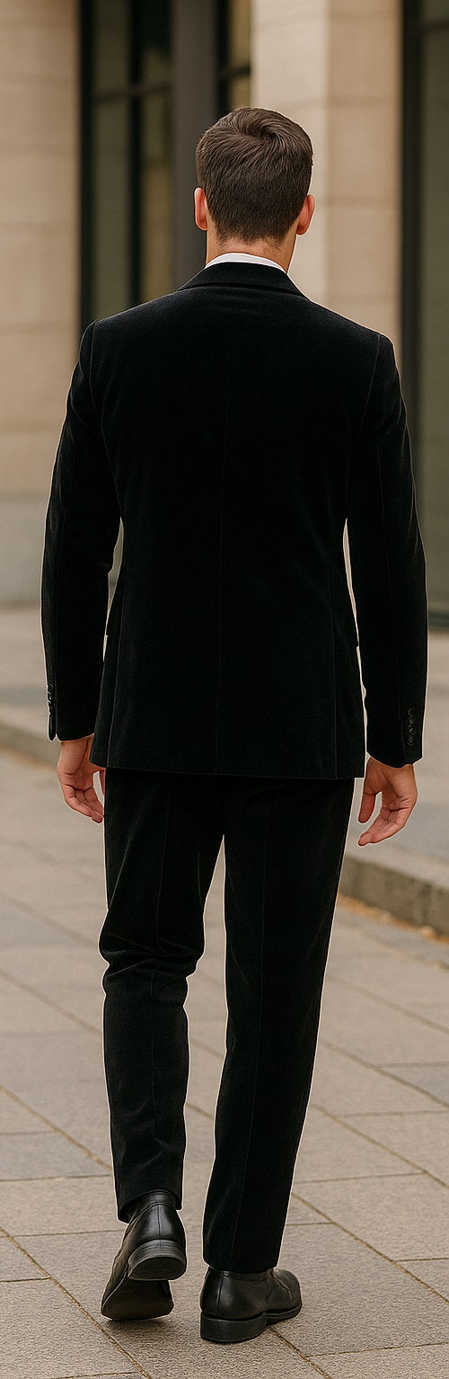 Men's 2 Button Black Velvet Suit Jacket, with floral pattern, Satin Peak Lapel, and Black Dress Pants