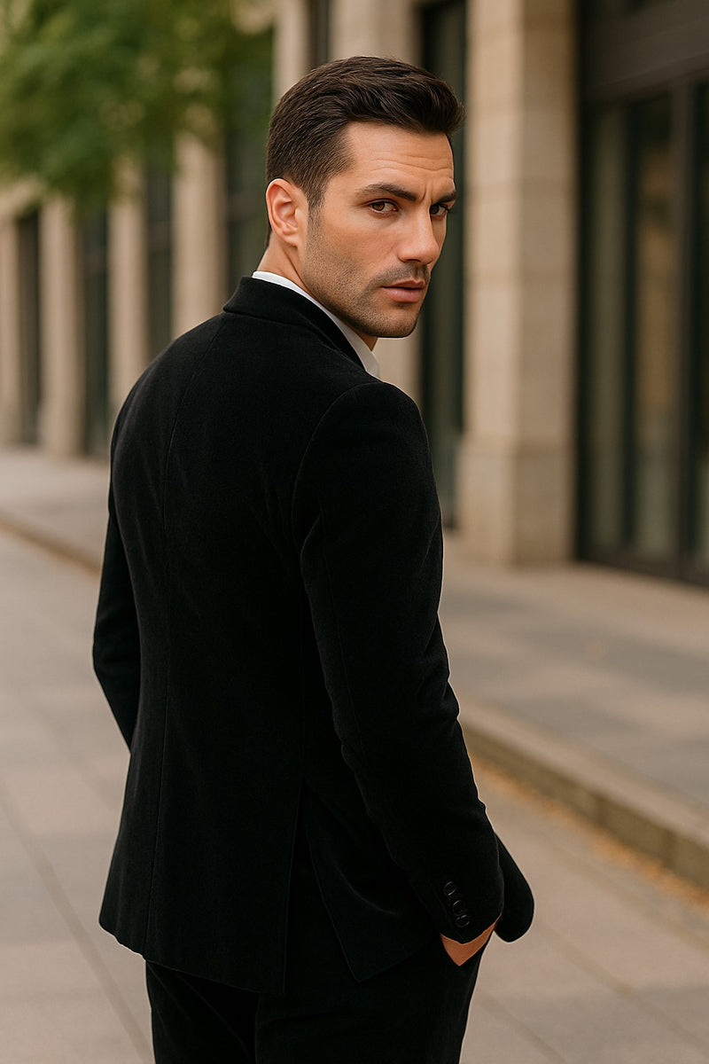 Men's 2 Button Black Velvet Suit Jacket, with floral pattern, Satin Peak Lapel, and Black Dress Pants