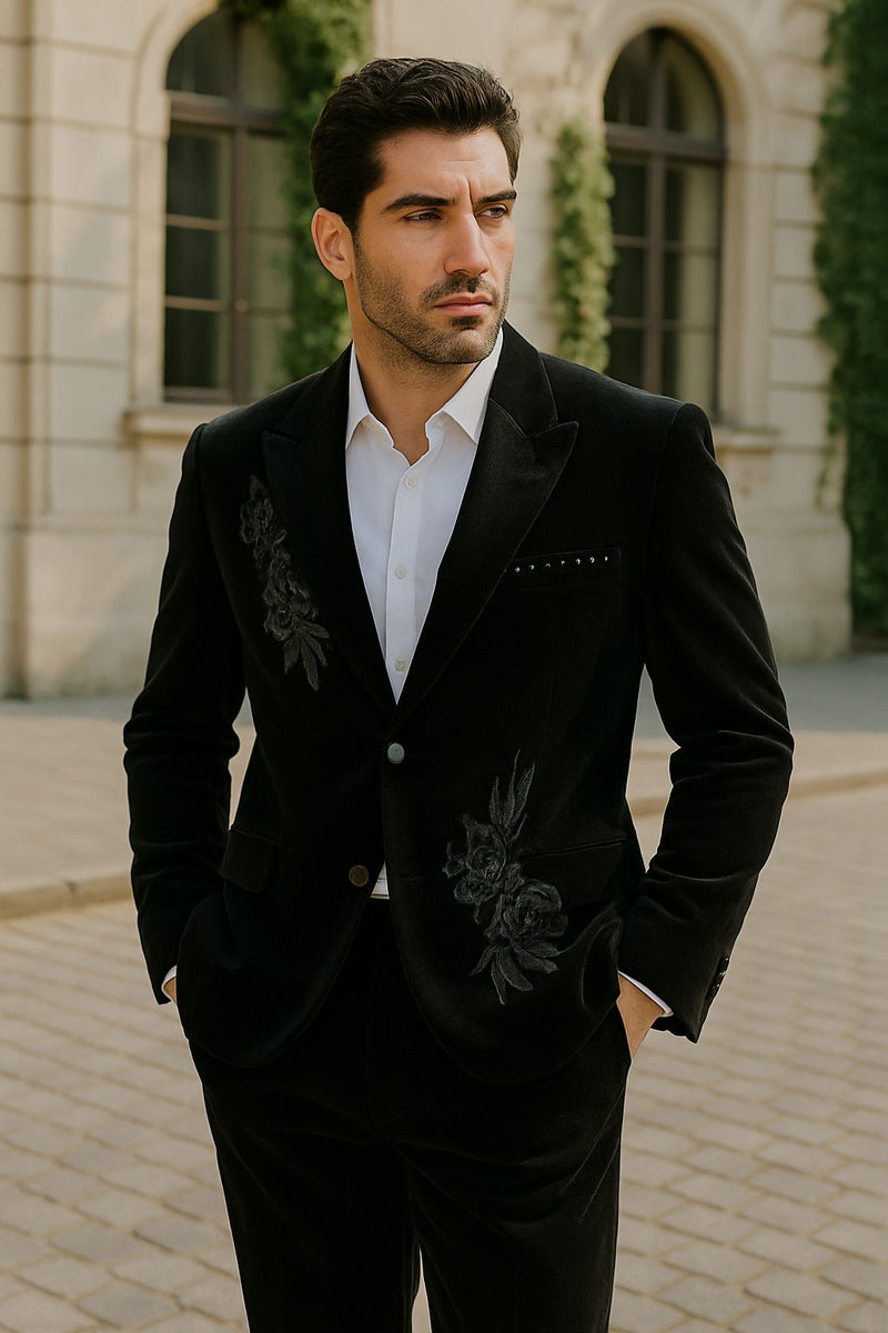 Men's 2 Button Black Velvet Suit Jacket, with floral pattern, Satin Peak Lapel, and Black Dress Pants