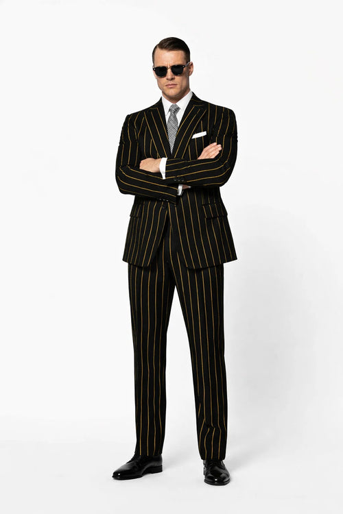 Men's Black And Gold Pinstripe Suit.