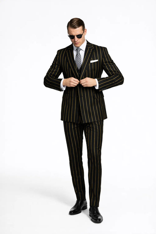 Men's Black And Gold Pinstripe Suit.