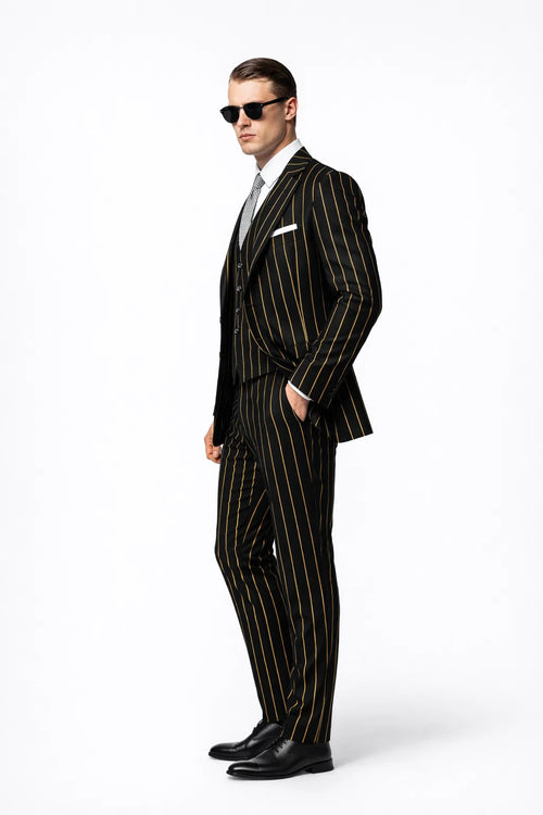 Men's Black And Gold Pinstripe Suit.