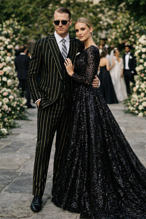 Men's Black And Gold Pinstripe Suit.