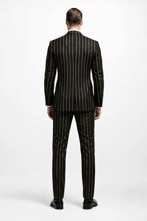 Men's Black And Gold Pinstripe Suit.