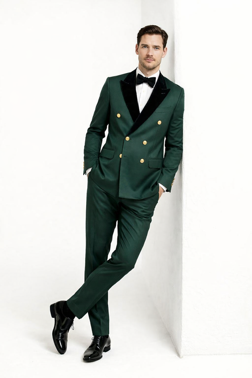 Men’s Green and Gold Double-Breasted Wedding Tuxedo with Velvet Lapel