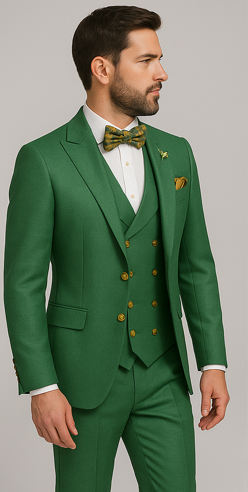 Men’s Green Slim Fit Suit by Rossiman – Stylish Double-Breasted Vest & Flat Front Pants