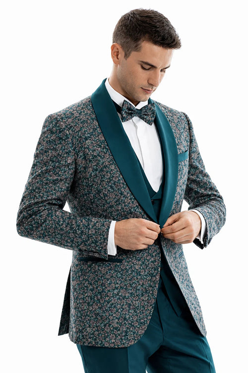 Men’s Green Splatter Print Prom Tuxedo – One Button Vintage Style with Shawl Lapel & Vest