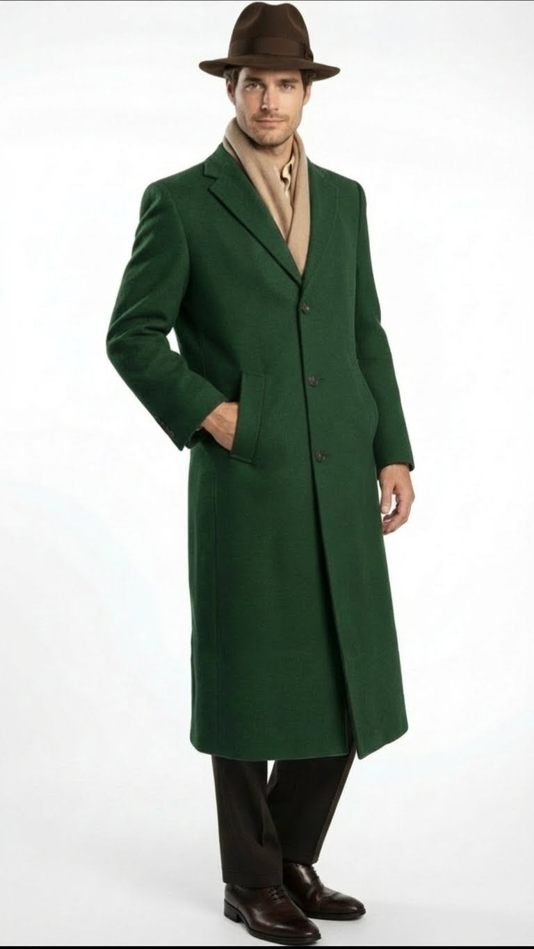 Hunter green men's full-length wool overcoat. Tailored silhouette, notched lapel, three-button closure, and side pockets. Structured design in textured, wool-like material. Uniform rich green color; sleeves to wrist, coat to ankles.