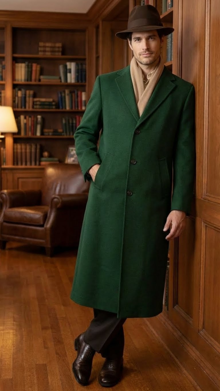 Hunter green men's full-length wool overcoat. Straight silhouette, collar, long sleeves, button closure. Heavy wool blend with smooth texture. Two front pockets, below-knee length, providing full coverage.