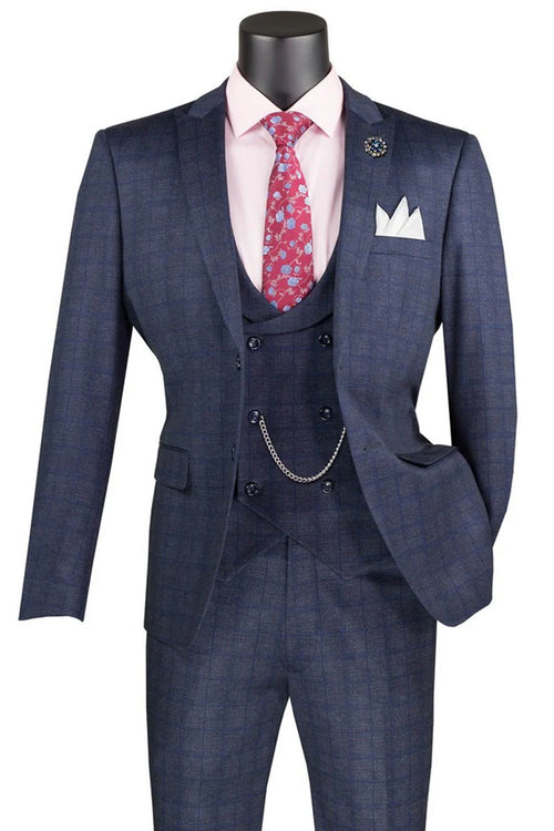 Men’s Navy Blue Plaid Slim Fit 3-Piece Suit – Two Button Vintage Style with Vest