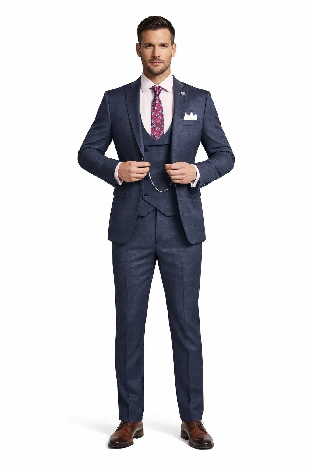 Men’s Navy Blue Plaid Slim Fit 3-Piece Suit – Two Button Vintage Style with Vest