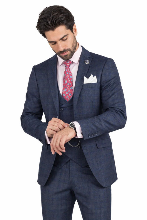 Men’s Navy Blue Plaid Slim Fit 3-Piece Suit – Two Button Vintage Style with Vest