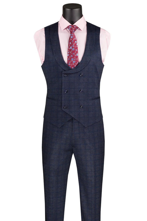 Men’s Navy Blue Plaid Slim Fit 3-Piece Suit – Two Button Vintage Style with Vest